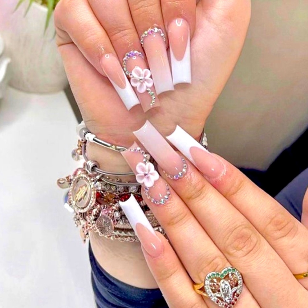 3D Flower Nail Art| Long Coffin French Tip Press On Nails| Press On Nails